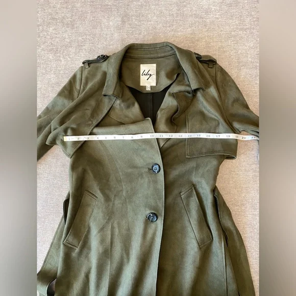 OLIVE GREEN SOFT FAUX SUEDE TRENCH COAT SIZE SMALL - Picture 8 of 13